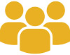 Three stylized human figures in yellow representing community or teamwork.