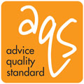 AQS logo representing the Advice Quality Standard, featuring an orange background with white stylized letters and the words 