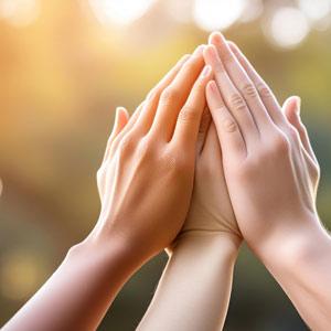 two pairs of hands coming together in a gesture of unity against a blurred natural background representing connection and support